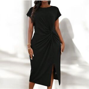 Dressin Chic Black Midi Dress with Knot Tie Detail